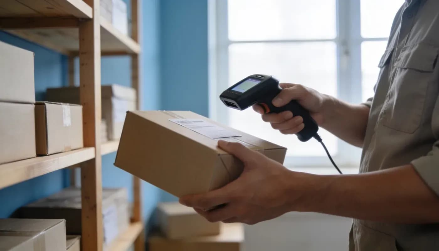 Työntekijä tarkistaa pakettia käsiskannerilla pienessä siistissä varastossa.