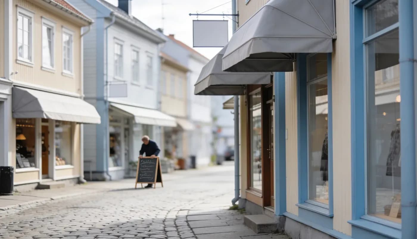 Rauhallinen pikkukaupungin ostoskatu aamuvalossa, kauppias asettelee kylttiä kauempana.